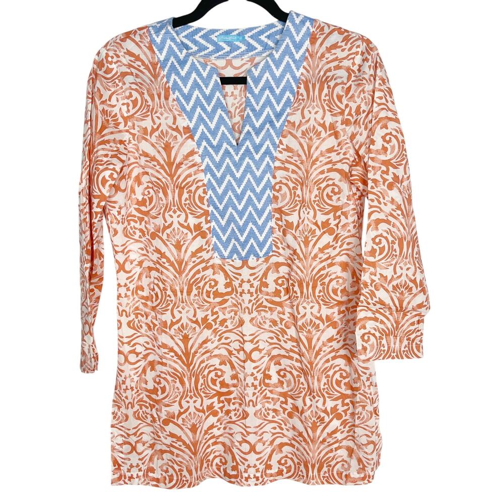 J McLaughlin XSmall XS Coral Orange Blue Printed Split V Neck Tunic Cotton Top